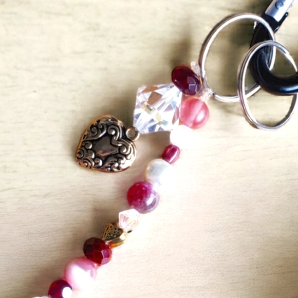 Rose Quartz, Crystal & Gold Handcrafted Keychain w Heart Fob - Picture 4 of 5